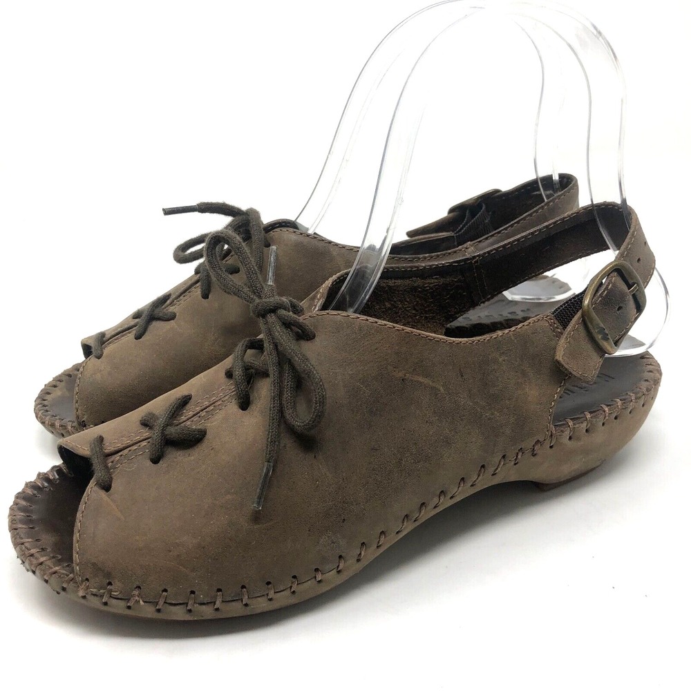 Natural Sport Wedge Lace Up Sandal Womens 6 Brown Leather Peep Toe Boho Earthy